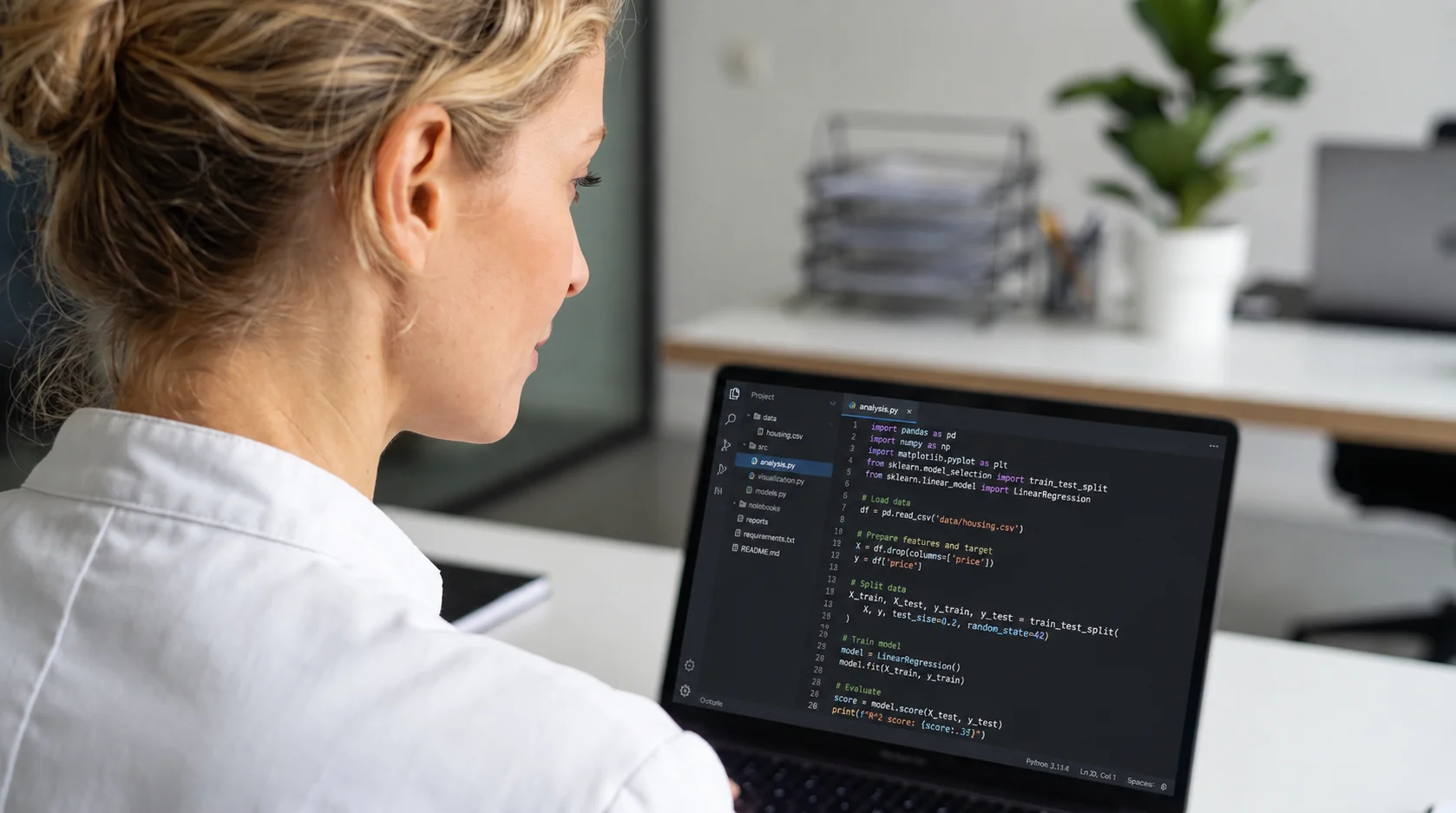 Bo kijkt naar code op een laptopscherm