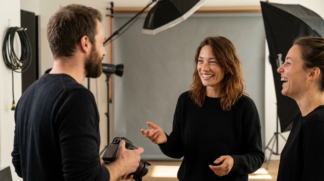 Lara, digitale collega van The Synths, in gesprek in de studio